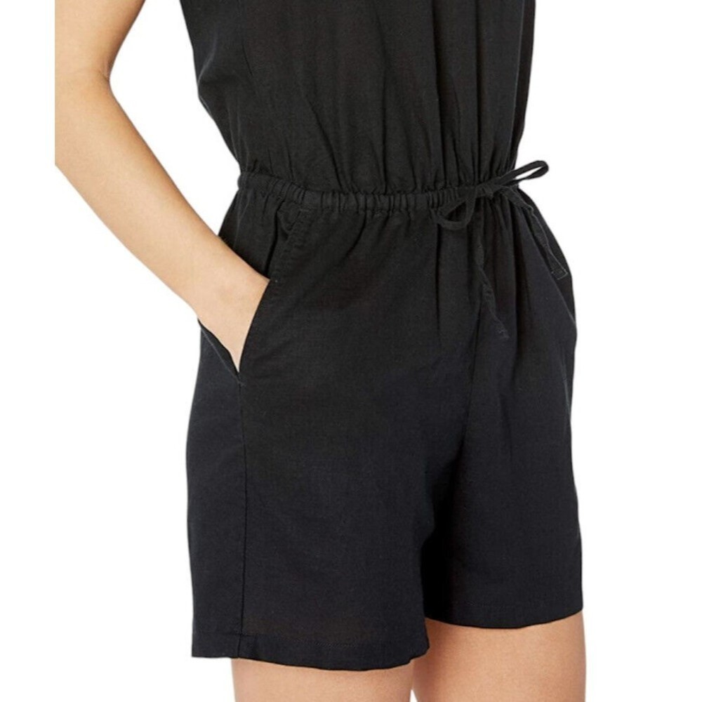 Women Black Romper Size 4 Linen Blend V Neck Drawstring - Picture 4 of 7